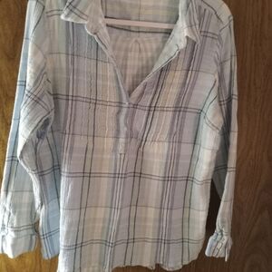 Coldwater Creek Blue And White Cotton Double Gauze Smock Top Long Sleeve Size L